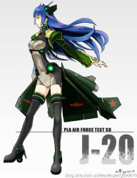 Rule 34 | 1girl, aircraft, airplane, black thighhighs, blue hair, green eyes, highres, j-20, jet, long hair, original, personification, sheeper, signature, simple background, solo, star (symbol), thighhighs, unitard