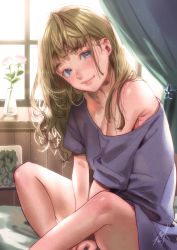 Rule 34 | 1girl, bad id, bad pixiv id, bare legs, blue eyes, blue shirt, brown hair, closed mouth, collarbone, commentary, curtains, day, english commentary, flower, freckles, indian style, indoors, kamiyama aya, long hair, looking at viewer, off shoulder, original, shirt, short sleeves, signature, sitting, smile, solo, sunlight, vase, window