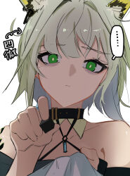 Rule 34 | ..., 1girl, 1other, animal ears, ao oni (onioni-aoi), arknights, arrow (symbol), bags under eyes, bare shoulders, black collar, cat ears, cat girl, close-up, closed mouth, collar, commentary request, food, green eyes, green hair, grey hair, hand up, highres, holding, holding food, incoming food, kal&#039;tsit (arknights), looking at viewer, material growth, oripathy lesion (arknights), out of frame, portrait, pov, short hair, simple background, solo focus, spoken ellipsis, translation request, unfinished, white background