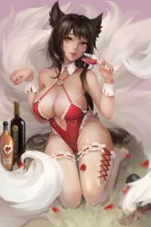Rule 34 | 1girl, 9thmonster, ahri (league of legends), alcohol, animal ears, black hair, breasts, champagne, cleavage, commentary request, covered navel, cup, drink, drinking glass, facial mark, fox ears, fox girl, fox tail, frills, full body, groin, highres, large breasts, league of legends, leotard, lipstick, long hair, makeup, nail polish, parted lips, red nails, seiza, sitting, solo, tail, thighhighs, vastaya, whisker markings, wine glass, yellow eyes