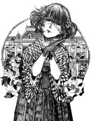 Rule 34 | 1girl, ameishi, ballpoint pen (medium), black hair, building, eyepatch, flower, gloves, greyscale, hair ornament, hands up, hanging lantern, holding, holding umbrella, japanese clothes, kimono, lantern, looking at viewer, mask, medical eyepatch, monochrome, one eye covered, original, own hands together, paper lantern, road, short hair, solo, standing, street, traditional media, umbrella, wavy hair, white background, wide sleeves, yagasuri