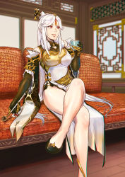 Rule 34 | 1girl, azasuke, bare legs, black footwear, black gloves, breasts, china dress, chinese clothes, commentary request, couch, crossed legs, cup, dress, elbow gloves, finger cots, genshin impact, gloves, hair ornament, hair stick, high heels, highres, holding, holding cup, holding smoking pipe, kiseru, large breasts, long hair, ningguang (genshin impact), parted lips, red eyes, sitting, smile, smoking pipe, solo, tassel, white dress, white hair