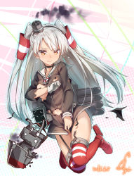 Rule 34 | 10s, 1girl, 3:, amatsukaze (kancolle), artist name, buttons, choker, collarbone, covering breasts, covering crotch, covering privates, dated, dress, full body, garter straps, gloves, hair tubes, hat, highres, kantai collection, lifebuoy, long hair, looking at viewer, machinery, mini hat, navel, ninnzinn, o o, orange eyes, red thighhighs, rensouhou-kun, sailor collar, sailor dress, short dress, signature, silver hair, single glove, smoke, solo, striped clothes, striped thighhighs, swim ring, tears, thighhighs, torn clothes, torn dress, turret, twintails, two side up, very long hair, white gloves