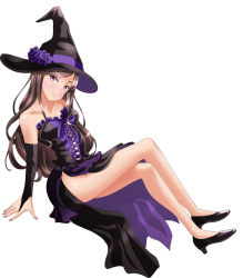 Rule 34 | 1girl, arm support, bare legs, bare shoulders, black detached sleeves, black dress, black footwear, black hat, black sleeves, breasts, brown hair, closed mouth, collarbone, corset, cross-laced clothes, cross-laced dress, crossed legs, detached sleeves, dorothy (princess principal), dress, female focus, flower, frills, full body, hat, hat flower, hat ribbon, head tilt, high heels, invisible chair, legs, long dress, long hair, looking at viewer, medium breasts, multicolored clothes, multicolored dress, nail polish, neck, parted bangs, pink eyes, pink nails, princess principal, pumps, purple dress, purple flower, purple ribbon, ribbon, side slit, simple background, sitting, smile, solo, strapless, strapless dress, swept bangs, taniguchi gou, very long hair, white background, witch, witch hat