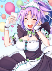 Rule 34 | 10s, 1girl, :d, ^ ^, animal ears, apron, balloon, bell, blush, bow, bowtie, breasts, cat ears, cellphone, character name, cinnamon (nekopara), cleavage, cleavage cutout, closed eyes, clothing cutout, closed eyes, frilled apron, frills, hair ribbon, hand on own cheek, hand on own face, healther, heart, highres, jingle bell, large breasts, maid, maid apron, maid headdress, name tag, nekopara, open mouth, phone, ponytail, puffy short sleeves, puffy sleeves, purple hair, ribbon, ribbon-trimmed clothes, ribbon trim, short sleeves, smartphone, smile, solo, waist apron, wrist cuffs