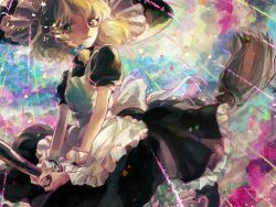Rule 34 | apron, back bow, black footwear, black hat, black skirt, blonde hair, blue bow, boots, bow, braid, broom, broom riding, cloud, demo (takakong), frilled skirt, frills, hair bow, hat, kirisame marisa, light smile, looking at viewer, puffy short sleeves, puffy sleeves, short hair, short sleeves, single braid, skirt, star (symbol), touhou, turtleneck, white apron, witch hat, wrist cuffs, yellow eyes