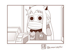 Rule 34 | (o) (o), 10s, 1girl, bandages, bandage on face, cash register, commentary request, horns, kantai collection, long hair, monochrome, moomin, muppo, northern ocean princess, sazanami konami, short sleeves, solo, twitter username