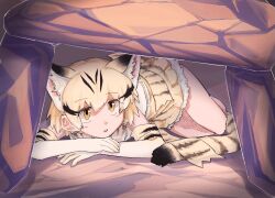 Rule 34 | 1girl, animal ear fluff, animal ears, bad id, bad twitter id, blonde hair, cave, elbow gloves, extra ears, full body, gloves, hair between eyes, inactive account, jaguar (kemono friends), jaguar ears, jaguar print, jaguar tail, jmeysan, kemono friends, looking at viewer, lying, multicolored hair, on side, open mouth, print gloves, rock, shirt, short hair, skirt, solo, tail, white shirt, yellow eyes, yellow skirt