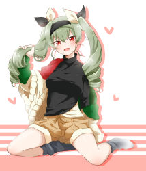Rule 34 | 10s, 1girl, absurdres, anchovy (girls und panzer), black headband, black ribbon, black shirt, black socks, brown shorts, casual, coat, commentary, drill hair, flag print, full body, girls und panzer, green hair, hair ribbon, head tilt, headband, heart, highres, holding, holding hair, italian flag, long hair, long sleeves, looking at viewer, multicolored coat, open mouth, parda siko, print coat, red eyes, ribbon, shirt, short shorts, shorts, silhouette, sitting, smile, socks, solo, turtleneck, twin drills, twintails, twitter username, white ribbon, yokozuwari