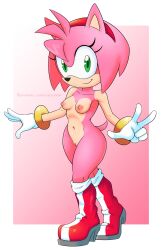 Rule 34 | 1girl, 2024, 20s, amy rose, animal ears, bare hips, bare shoulders, boots, breasts, cleft of venus, collarbone, eyelashes, full body, furry, furry female, gloves, green eyes, hair ornament, headband, hedgehog, hedgehog ears, hedgehog girl, hedgehog tail, highres, looking at viewer, medium breasts, mobian (species), nipples, nude, pink fur, pussy, red headband, sega, smile, solo, sonic (series), standing, stradivarius, tail, thick thighs, thighs, twitter username, two-tone background, v, white gloves
