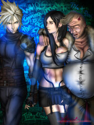 Rule 34 | 1girl, 2boys, bare arms, bare shoulders, black gloves, black skirt, blonde hair, breasts, character name, closed mouth, cloud strife, comic, dangle earrings, don corneo, earrings, elbow gloves, elbow pads, facial hair, facial tattoo, final fantasy, final fantasy vii, fingerless gloves, gloves, heart, heart tattoo, highres, hug, jewelry, kazxdoujin, large breasts, long hair, looking at another, medium breasts, mohawk, multiple boys, navel, nipple slip, nipples, short hair, skirt, spiked hair, tattoo, tifa lockhart, tongue, tongue out, watermark, web address