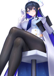 Rule 34 | 1girl, absurdly long hair, absurdres, black hair, black pantyhose, blue archive, blue hair, blue necktie, blush, breasts, coat, crossed legs, feet out of frame, from below, glasses, gloves, halo, highres, holding, holding notepad, large breasts, legs, long hair, looking at viewer, multicolored hair, necktie, notepad, pantyhose, pointy ears, rin (blue archive), sakurahuji-iro, shirt, simple background, sitting, skirt, solo, two-tone hair, very long hair, white background, white coat, white gloves, white shirt, white skirt