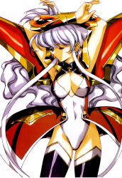 Rule 34 | 1990s (style), 1girl, absurdres, arms up, bracer, breasts, claret (langrisser), closed eyes, highres, langrisser, langrisser v, large breasts, long hair, official art, retro artstyle, simple background, solo, thighhighs, urushihara satoshi, white background, white hair