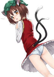 Rule 34 | 1girl, :o, animal ears, braid, brown hair, cat ears, cat girl, cat tail, chen, earrings, female focus, from behind, hat, jewelry, multiple tails, panties, polka dot, polka dot panties, short hair, simple background, single braid, single earring, solo, tail, takemori shintarou, touhou, underwear, white background