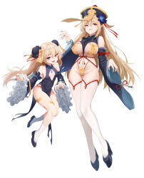 Rule 34 | 2girls, absurdres, alternate costume, attilio regolo (azur lane), azur lane, bare shoulders, black footwear, black headwear, blonde hair, breasts, center opening, china dress, chinese clothes, detached sleeves, double bun, dress, flower, frilled sleeves, frills, full body, hair bun, hair flower, hair ornament, hat, highres, implacable (azur lane), jiangshi costume, kafeifeifeifeifeifei jiemo jun, large breasts, long hair, long sleeves, looking at viewer, multiple girls, nail polish, navel, pelvic curtain, platform footwear, purple flower, qingdai guanmao, red eyes, revealing clothes, shoes, small breasts, socks, talisman, thighhighs, very long hair, white socks, white thighhighs, wide sleeves