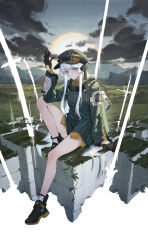 Rule 34 | 1girl, areaaaron, bare legs, black footwear, black gloves, black ribbon, blue eyes, cloud, collared shirt, dark clouds, gloves, grass, green jacket, hand on ground, hand up, hat, highres, jacket, long hair, long sleeves, looking at viewer, mountain, original, peaked cap, ribbon, scenery, shirt, sitting, solo, sun, sword, technology, thighs, very long hair, weapon, white hair, wire, yellow shirt