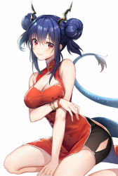 Rule 34 | 1girl, absurdres, almond (artist), arknights, bangle, bare shoulders, bead bracelet, beads, black shorts, blue hair, blush, bracelet, breast hold, breasts, ch&#039;en (ageless afterglow) (arknights), ch&#039;en (arknights), china dress, chinese clothes, cleavage, commentary request, double bun, dress, floral print, hair bun, highres, horns, huge filesize, jewelry, kneeling, medium breasts, official alternate costume, print dress, red dress, red eyes, short hair, shorts, side slit, sidelocks, simple background, sleeveless, sleeveless dress, solo, tail, white background