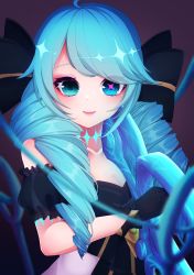 Rule 34 | 110crn, 1girl, ahoge, bare shoulders, black bow, black dress, black gloves, black sleeves, bow, collarbone, detached sleeves, dress, drill hair, gloves, gradient background, green eyes, gwen (league of legends), hair bow, highres, holding, holding scissors, league of legends, long hair, looking at viewer, needle, oversized object, scissors, smile, solo, star-shaped pupils, star (symbol), strapless, strapless dress, symbol-shaped pupils, twin drills, white dress