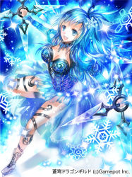 Rule 34 | 1girl, :d, blue eyes, blue hair, blue skirt, blue theme, breasts, choker, cleavage, cleavage cutout, clothing cutout, copyright name, copyright request, dual wielding, floating hair, from above, full body, holding, holding weapon, leg up, long hair, medium breasts, miniskirt, official art, open mouth, outstretched arm, pleated skirt, rioka (southern blue sky), skirt, smile, snowflakes, solo, sparkle, very long hair, weapon