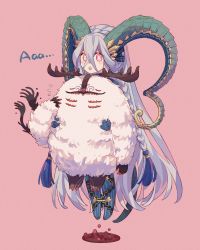 Rule 34 | 1girl, 1other, antlers, aqua hair, blush, braid, cernunnos (fate), creature, curled horns, dragon girl, dragon horns, dragon tail, fate/grand order, fate (series), floating, flying sweatdrops, hair between eyes, highres, hopeer ( hopeer ), horns, hug, hug from behind, long hair, long horns, looking at viewer, open mouth, pink background, pink eyes, pointy ears, shadow hands, simple background, size difference, striped, symbol-shaped pupils, tail, teeth, tiamat (fate), trait connection, upper teeth only, vertical stripes, very long hair
