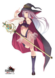 Rule 34 | 1girl, baton, breasts, cape, cleavage, dated, grand harem, hair ornament, hat, long hair, medium breasts, midriff, nail polish, navel, official art, pink eyes, pokachu, purple hair, revealing clothes, sachertorte, see-through, simple background, solo, standing, standing on one leg, very long hair, witch hat