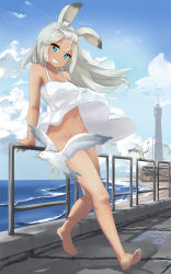 Rule 34 | 1girl, absurdres, animal ears, arm support, artist logo, bare legs, bare shoulders, barefoot, beach, bird, blue eyes, breasts, cleavage, cloud, convenient censoring, dorsiflexion, dragalia lost, dress, feca, fence, forehead, full body, grey hair, grin, highres, leaning back, lighthouse, long hair, looking at viewer, medium breasts, navel, no panties, ocean, rabbit ears, rabbit girl, sarisse (dragalia lost), seagull, sky, sleeveless, sleeveless dress, smile, solo, stomach, sundress, tan, white dress, wind, wind lift