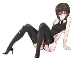 Rule 34 | 10s, 1girl, black hair, black thighhighs, foreshortening, full body, girls und panzer, hair between eyes, high heels, highres, leotard, mitsudoue, nishizumi maho, shiny clothes, short hair, simple background, sitting, solo, thighhighs, white background