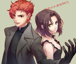 Rule 34 | 00s, 1boy, 1girl, baccano!, bad id, bad pixiv id, black dress, black gloves, black suit, brown hair, chane laforet, claire stanfield, dress, formal, gloves, karimero (calimer0), red eyes, red hair, short hair, suit, yellow eyes