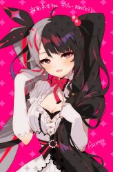 Rule 34 | absurdres, arutera, black hair, blush, breasts, character name, cleavage, commentary, gloves, highres, long hair, looking at viewer, medium breasts, multicolored hair, nijisanji, open mouth, polka dot, red background, red eyes, red hair, silver hair, sketch, smile, split-color hair, streaked hair, striped, two-tone dress, two-tone hair, upper body, vertical stripes, very long hair, virtual youtuber, white gloves, yorumi rena
