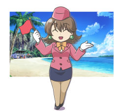 Rule 34 | 1girl, agent aika, aika (series), alternate costume, beach, blue skirt, blue sky, blush, brown hair, chibi, closed eyes, commentary request, earrings, garrison cap, gloves, hands up, hat, highres, jacket, jewelry, kuroyoshi, long sleeves, miniskirt, ocean, open mouth, pantyhose, pencil skirt, pink delmo, pink hat, pink jacket, ribbon, sand, shadow, shirt, shoes, short hair, skirt, sky, smile, solo, suzie (agent aika), tour guide, tree, white gloves, white shirt, yellow neckwear
