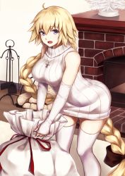 Rule 34 | 1girl, absurdly long hair, ahoge, black bow, blonde hair, blue eyes, bow, braid, elbow gloves, enchuu, fate/apocrypha, fate (series), fingerless gloves, fleur-de-lis, floating hair, gift bag, gloves, hair between eyes, hair bow, indoors, jeanne d&#039;arc (fate), jeanne d&#039;arc (ruler) (fate), jewelry, leaning forward, long hair, low-tied long hair, necklace, open mouth, ponytail, single braid, solo, standing, sweater, sweater vest, thighhighs, very long hair, white gloves, white sweater, white thighhighs