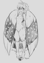 Rule 34 | absurdres, bird legs, bird tail, breasts, clothes lift, commentary, commission, english commentary, feathered wings, female pubic hair, greyscale, hair between eyes, highres, inverted nipples, lifted by self, medium hair, monochrome, mouth hold, naked shirt, navel, nerdbayne, nipples, original, pubic hair, pussy, shirt, shirt lift, skeb commission, small breasts, smile, tail, talons, winged arms, wings