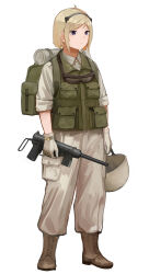 Rule 34 | 1girl, animal ears, backpack, bag, blonde hair, bob cut, boots, brown footwear, brown pants, brown shirt, closed mouth, collared shirt, combat boots, commentary, cowlick, english commentary, fake animal ears, full body, girls&#039; frontline, gloves, goggles, goggles around neck, green vest, gun, helmet, highres, holding, holding gun, holding helmet, holding weapon, leather, leather gloves, load bearing equipment, looking afar, m3 (girls&#039; frontline), m3 submachine gun, pants, pocket, purple eyes, rampart1028, shirt, short hair, sidelocks, simple background, sleeves rolled up, solo, submachine gun, vest, weapon, white background