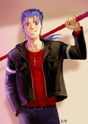 Rule 34 | 1boy, alternate costume, as109, bad id, bad pixiv id, blue hair, contemporary, cross, cross pendant, cu chulainn (fate), cu chulainn (fate/stay night), earrings, face, fate/stay night, fate (series), gae bolg (fate), highres, jacket, jewelry, male focus, polearm, ponytail, red eyes, smile, solo, spear, weapon