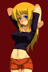 Rule 34 | 1girl, arms up, blonde hair, blue eyes, blush, breasts, cowboy shot, kusanagi tonbo, long hair, looking at viewer, medium breasts, midriff, original, red background, simple background, solo, standing, tight clothes, windy wing