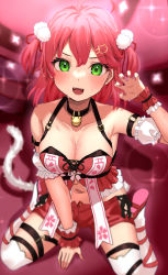 Rule 34 | 1girl, ahoge, armpits, breasts, cat tail, choker, cleavage, collarbone, green eyes, hair ornament, hairclip, highres, hololive, large breasts, long hair, looking at viewer, medium hair, midriff, navel, official alternate costume, open mouth, pink hair, sakura miko, sakura miko (work), short shorts, shorts, solo, tail, thighhighs, uuroncha, virtual youtuber, zettai ryouiki