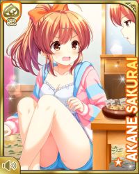 Rule 34 | 1boy, 1girl, bare legs, blouse, blue shorts, bra, breasts, brother and sister, brown eyes, brown hair, card (medium), cleavage, girlfriend (kari), indoors, looking at another, official art, on floor, open mouth, pajamas, pink shirt, ponytail, qp:flapper, sakurai akane (girlfriend), shirt, shorts, siblings, sitting, surprised, tagme, underwear