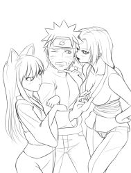 Rule 34 | 1boy, 2girls, :&lt;, animal ears, arm hug, bad id, bad pixiv id, breasts, character request, cleavage, facial mark, flat chest, forehead protector, fox ears, fox tail, genderswap, genderswap (mtf), greyscale, hand on own hip, hip focus, japanese clothes, k2shh, kimono, kyuubi (naruto), large breasts, lipstick, long hair, makeup, monochrome, multiple girls, naruto, naruto (series), ninja, pants, personification, ponytail, sash, spiked hair, tail, tsunade (naruto), uzumaki naruto, whisker markings, whiskers