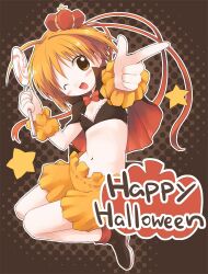 Rule 34 | 1girl, black bra, black cape, black footwear, blonde hair, bloomers, blush, bow, bowtie, bra, brown background, brown eyes, candy, cape, commentary request, crown, emurin, flat chest, food, full body, halloween, happy halloween, holding, holding candy, holding food, holding lollipop, lollipop, looking at viewer, midriff, navel, one eye closed, open mouth, orange bloomers, original, pointing, red bow, red bowtie, red cape, shoes, short hair, smile, solo, star (symbol), swirl lollipop, two-sided cape, two-sided fabric, underwear, wrist cuffs