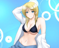 Rule 34 | 10s, 1girl, ayase eli, blonde hair, blue eyes, bra, breasts, cleavage, groin, kyo-second, large breasts, love live!, love live! school idol festival, love live! school idol project, navel, short hair, simple background, solo, underwear