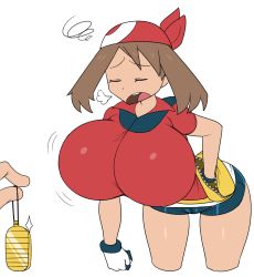 Rule 34 | 1girl, absurdres, bandana, bike shorts, blush, breasts, brown hair, cameltoe, cleavage, closed eyes, creatures (company), game freak, gloves, greyimpaction, highres, huge breasts, leaning forward, may (pokemon), nintendo, open mouth, pokemon, pokemon rse, short hair, short sleeves, shorts, solo