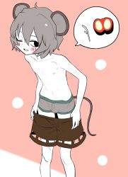 Rule 34 | 1boy, adapted costume, animal ears, blush, boxer briefs, brown shorts, bulge, clothes pull, colored skin, commentary request, cookie (touhou), feet out of frame, genderswap, genderswap (ftm), grey hair, grey male underwear, highres, looking at viewer, male focus, male underwear, manatsu no yo no inmu, miyako (naotsugu), mouse ears, mouse tail, nazrin, nipples, nyon (cookie), one eye closed, open mouth, pink background, pulled by self, short hair, shorts, shorts pull, solo, speech bubble, tail, touhou, trap, underwear, undressing, white skin
