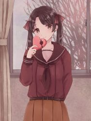Rule 34 | 1girl, arm behind back, belt, black hair, black ribbon, blush, bow, box, brown eyes, brown skirt, closed mouth, collarbone, cowboy shot, curtains, eyebrows, flower, gift, glass, hair bow, hand up, head tilt, heart-shaped box, highres, holding, holding gift, indoors, kantai collection, long hair, long sleeves, looking at viewer, mikuma (kancolle), nagidango, parted bangs, pleated skirt, red bow, red shirt, ribbon, school uniform, serafuku, shirt, skirt, smile, solo, tree, twintails, valentine, window