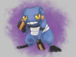 Rule 34 | blue eyes, blush stickers, colored sclera, creatures (company), croagunk, full body, game freak, gen 4 pokemon, half-closed eyes, hand up, looking at viewer, nintendo, no humans, pokemon, pokemon (creature), purple background, simple background, solo, standing, sunaxet, teeth, yellow sclera