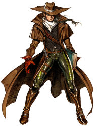 Rule 34 | 1boy, bandana, bandolier, belt, black vest, book, boots, braid, brown coat, brown footwear, brown gloves, brown hat, closed mouth, coat, cowboy hat, full body, gloves, green pants, hat, hat over one eye, holding, holding book, holster, holstered, limha lekan, long hair, looking at viewer, male focus, pants, serious, shirt, side braid, single braid, sion (soulless), solo, soulless, standing, star (symbol), vest, white bandana