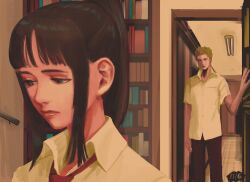Rule 34 | 1boy, 1girl, absurdres, alternate costume, black hair, blue eyes, blunt bangs, bookshelf, closed mouth, commentary request, green hair, highres, hisarakanoi, indoors, long hair, necktie, nico robin, one piece, open mouth, ponytail, red necktie, roronoa zoro, shirt, short hair, short sleeves, white shirt
