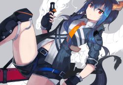 Rule 34 | 1girl, arknights, black gloves, black shorts, blue hair, blue jacket, ch&#039;en (arknights), collared shirt, commentary request, dragon, dragon horns, dragon tail, dutch angle, fingerless gloves, gloves, grey background, hair between eyes, horns, id card, jacket, long hair, looking at viewer, necktie, orange necktie, parted lips, red eyes, sasa onigiri, shin guards, shirt, short shorts, shorts, solo, tail, walkie-talkie, white shirt