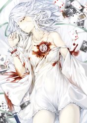 Rule 34 | 1girl, blood, bloody knife, braid, breasts, card, collarbone, female focus, geppewi, izayoi sakuya, knife, looking at viewer, lying, maid, maid headdress, off shoulder, on back, playing card, pocket watch, silver hair, skirt, smile, solo, strap slip, touhou, twin braids, watch, white skirt, white theme, wrist cuffs