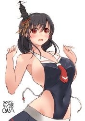 Rule 34 | 1girl, artist name, black hair, black skirt, black one-piece swimsuit, breasts, casual one-piece swimsuit, commentary request, dated, hair ornament, highleg, highleg swimsuit, highres, kantai collection, large breasts, one-hour drawing challenge, one-piece swimsuit, owa (ishtail), red eyes, short hair, simple background, skirt, solo, swimsuit, white background, yamashiro (kancolle)