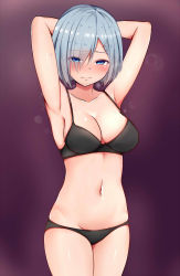 Rule 34 | 1girl, armpits, arms up, bare shoulders, baretto (karasi07), black bra, black panties, blue eyes, blush, bra, breasts, closed mouth, collarbone, commentary request, eyes visible through hair, groin, hair between eyes, hair ornament, hair over one eye, hairclip, hamakaze (kancolle), highres, kantai collection, large breasts, looking at viewer, navel, panties, short hair, silver hair, simple background, solo, standing, steam, sweat, underwear, underwear only